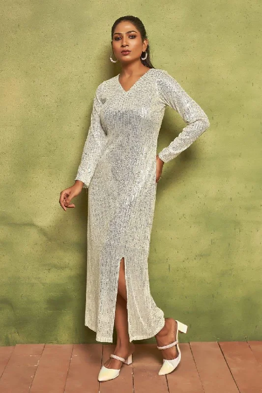 Unbeatable Prices Pearl White Sequin Maxi Dress | V-Neck Long Sleeve Glamour