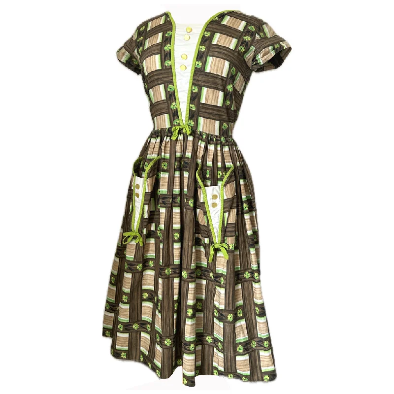 Don’t Miss Out Apple green and brown basket weave floral print 1950s cotton day dress