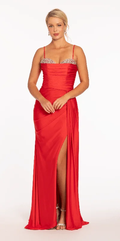 Stretch Satin Beaded Column Dress with Side Cascade