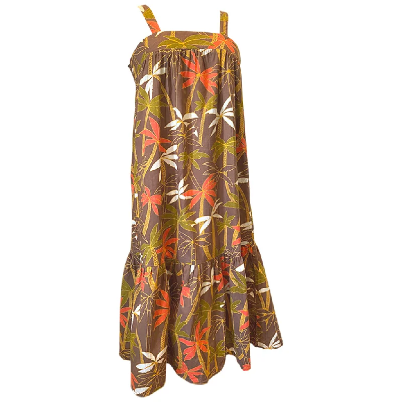 Can't Be Beat Palm tree print brown and orange 1970s flared cotton sundress