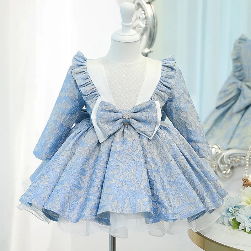 Final Markdown Baby Girl Princess Dress Girl Blue Long Sleeve Bow Knot Fluffy Formal Dresses