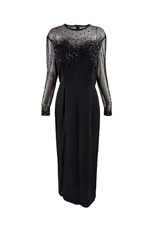 Deal of the Week Frank Usher Black Beaded & Sequin Evening Maxi Dress, 1980s