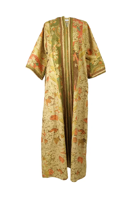 Don't Wait Vintage Hippie Oversized Crane Print Maxi Kaftan Dress, 1970s