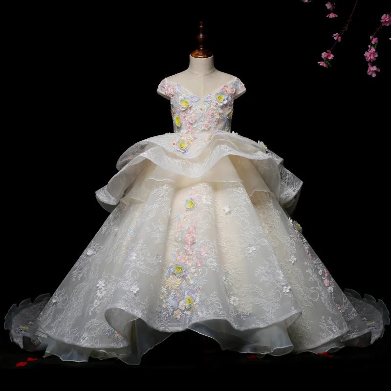Amazing Deals Toddler Girl birthday Party Communion Dress Colorful Flower Lace Tail Princess Dress Amazing Deals Toddler Girl birthday Party Communion Dress Colorful Flower Lace Tail Princess Dress
