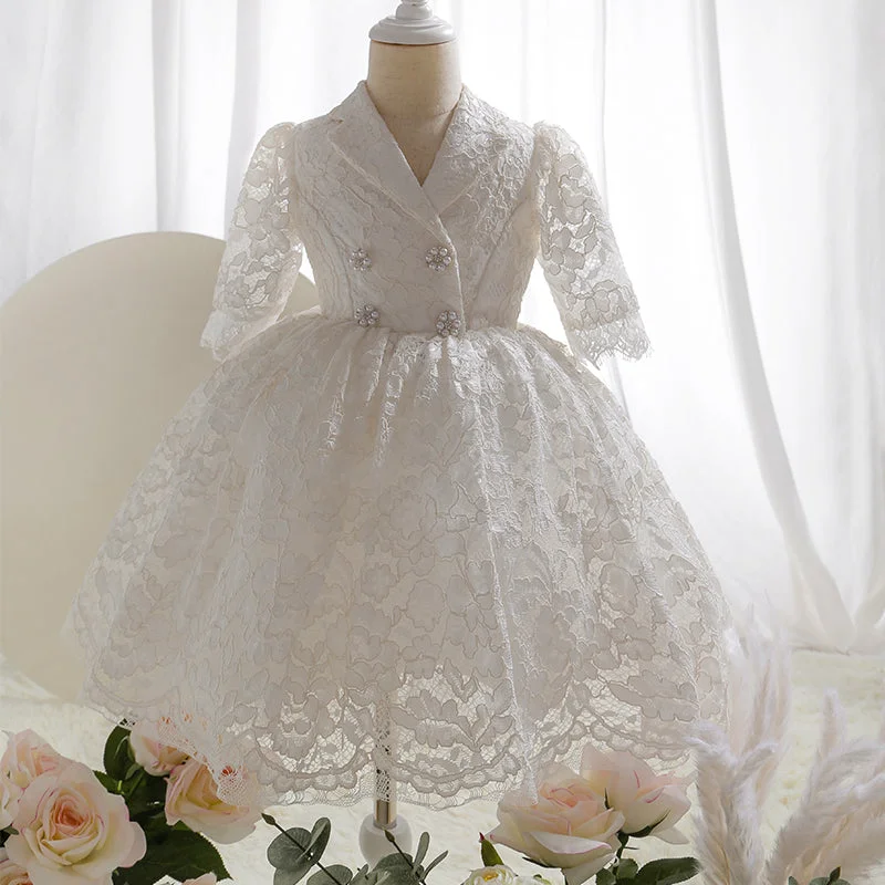 Deal Dash First Communion Dress Baby Girl Elegant Lace Flower Button Formal Princess Dress