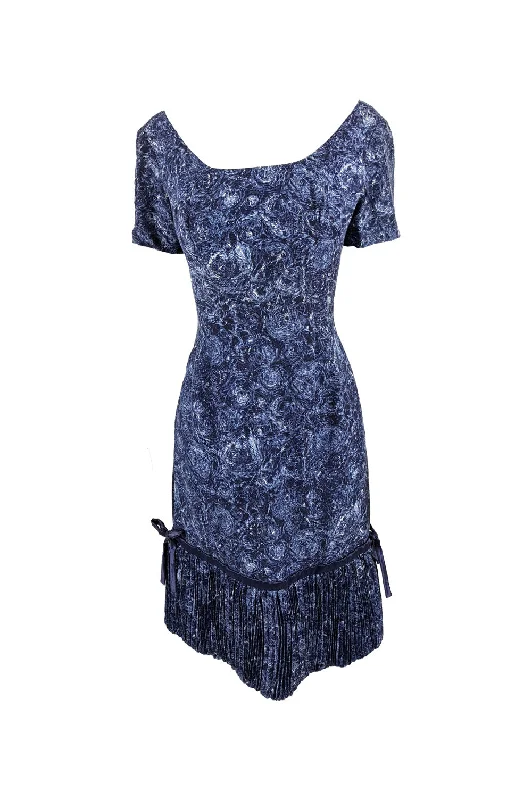 Best Bargains Vintage Blue Floral Wool Dress with Pleated Bubble Hem, 1950s
