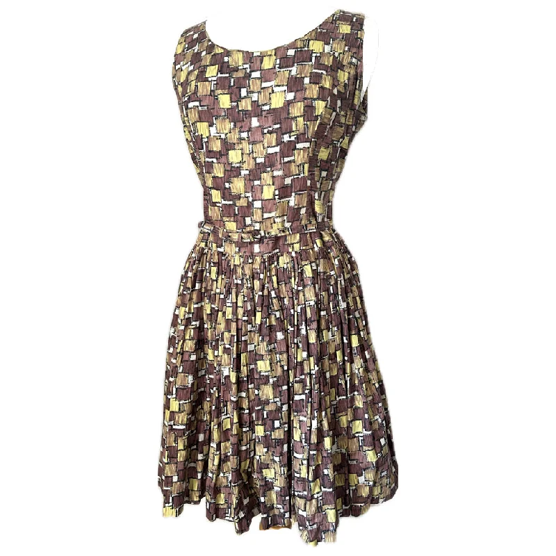 Year-End Sale Brown and yellow square print vintage 1950s cotton day dress