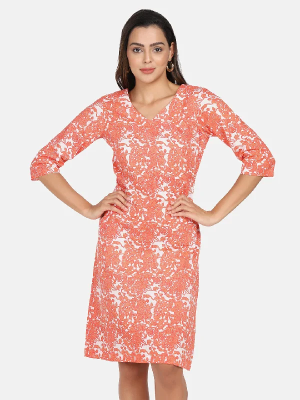 Best Bargains Cotton Printed A Line Dress - Orange & White