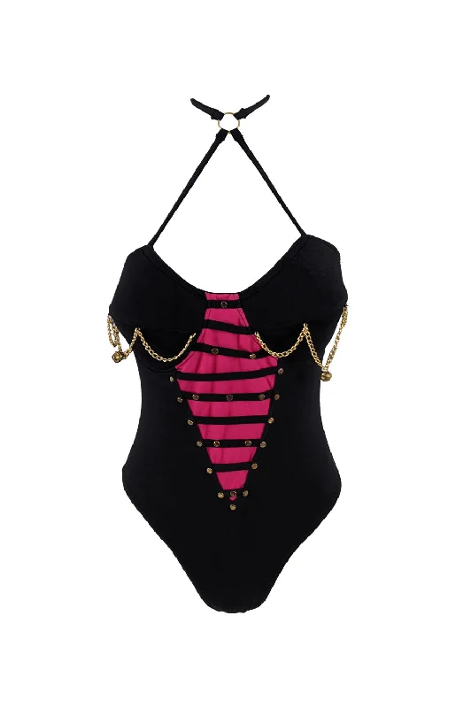 Closeout Tropical Climax Vintage Black & Pink Womens Chain Bodysuit, 1980s