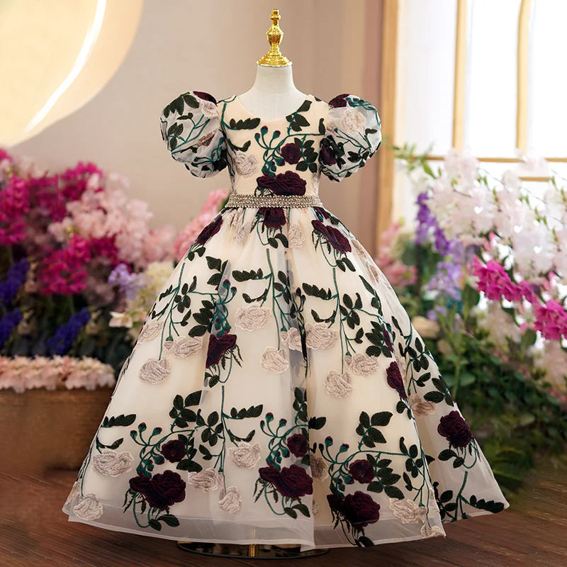 Overstock Baby Girl Dress Little Girl Communion Puff Sleeves Rose Embroidery Wedding Party Princess Dress