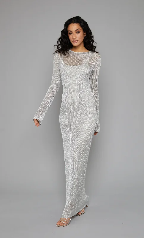 Final Clearance Silver Metallic Fine Knit Maxi Dress