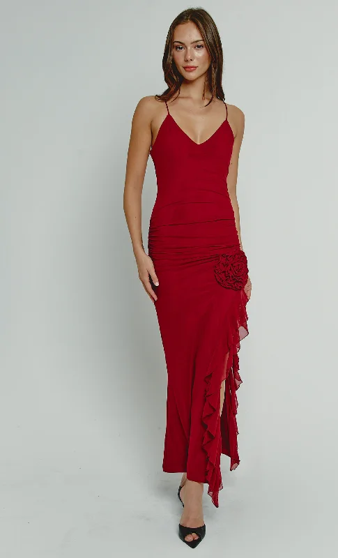 Act Now Wine Corsage Ruffle Detail Maxi Dress