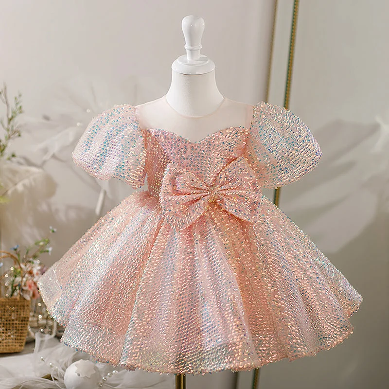 Deep Discounts Baby Girl Dress Toddler Prom Puff Sleeves Bow Sequins Birthday Cake Princess Dress