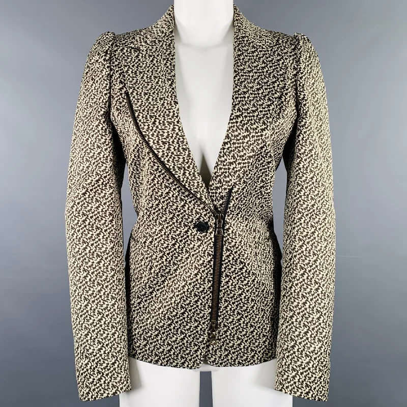 DRIES VAN NOTEN Size 8 Black Cream Cotton Blend Zip Jacket Blazer