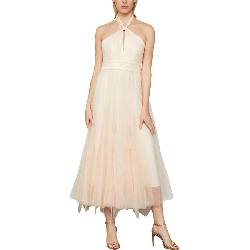 BCBG Max Azria Women's Tulle Tie-Neck Sleeveless A-Line Keyhole Gown