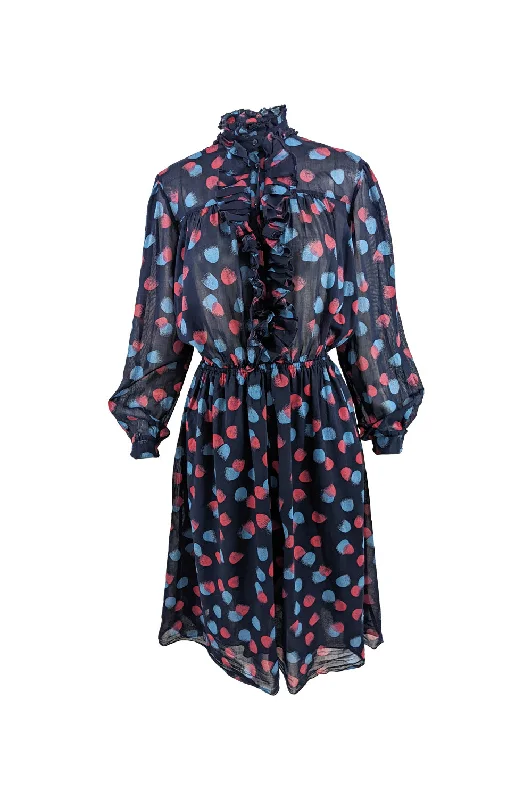 Closeout Vintage Navy Blue Sheer Cotton Ruffle Shirt Dress, 1970s