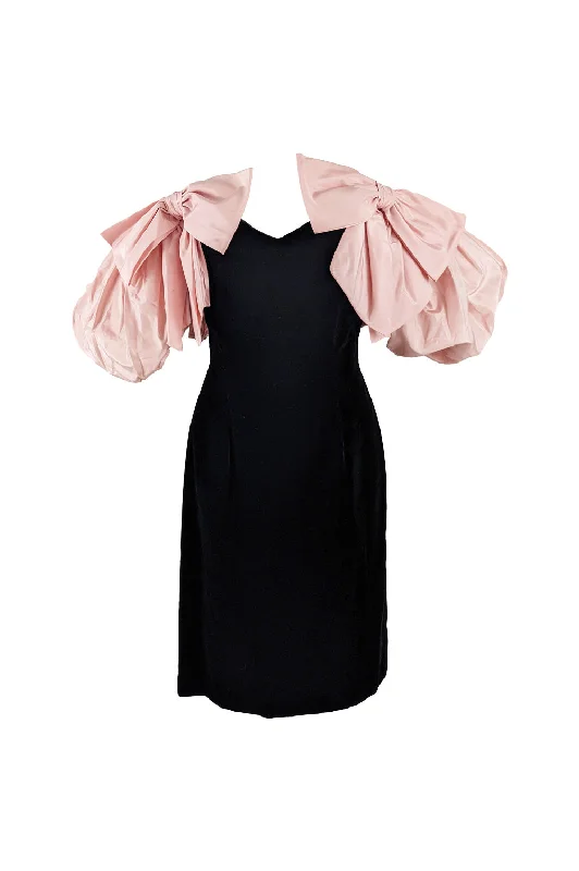 Great Deals Gina Fratini Vintage Black Velvet Pink Taffeta Puff Sleeve Dress, 1980s