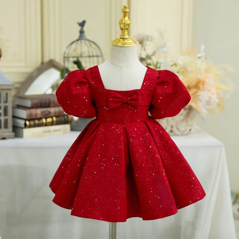Act Now Girl Christmas Dress Baby Girl Day Red Square Neck Bow Princess Dress