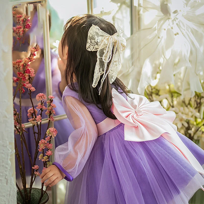 Price Cut Baby Girl Princess Dress Purple Mesh Bow Puffy Party Dress