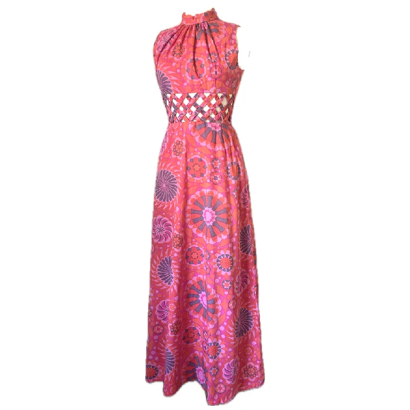 Super Sale Peekaboo waist pink and orange psychedelic vintage 1960s maxi dress