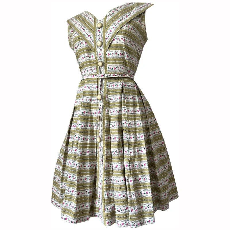Super Deal Border print floral cotton belted vintage pink and matte gold 1950s day dress