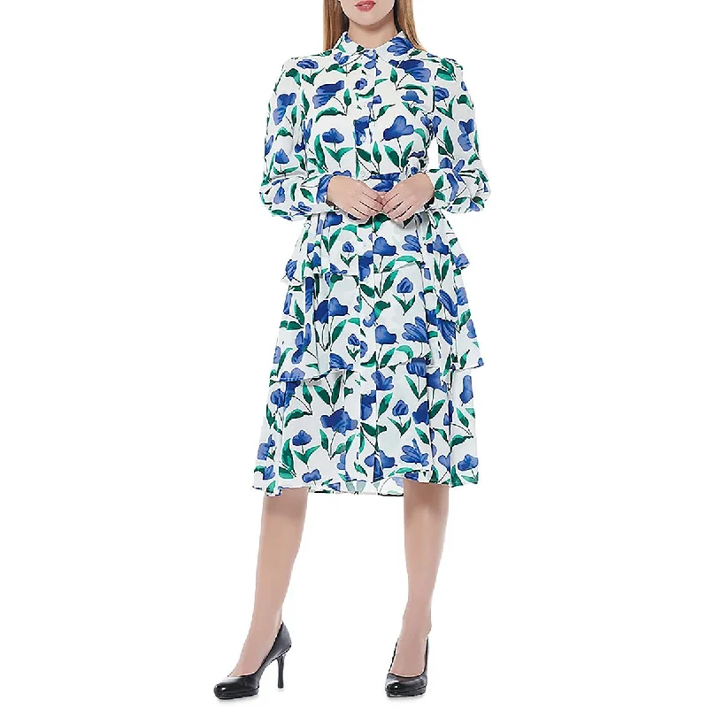 Gracia Womens Floral Print Tiered Shirtdress