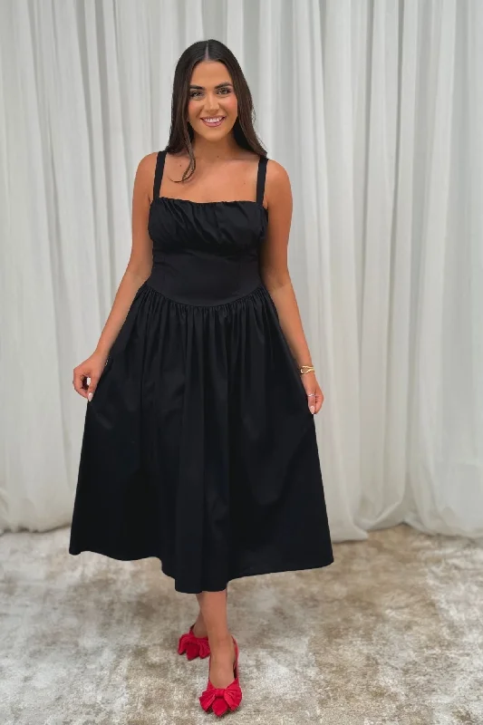 Markdown Madness Erica Corset Waist Midi Dress In Black
