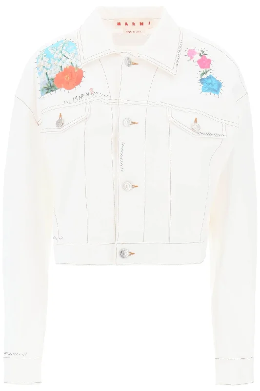 Mega Deal "cropped Denim Jacket With Flower Patches And Embroidery"  - White