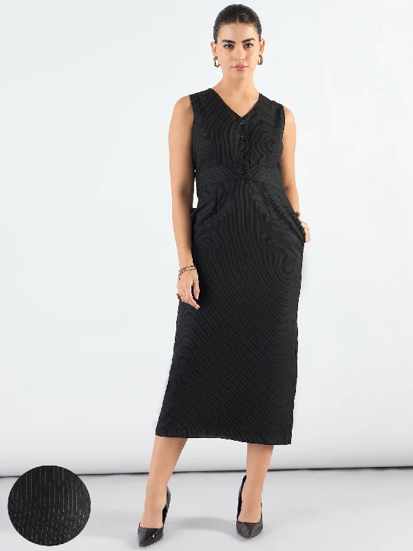 Grand Opening Sale Formal Black Striped Structured Midi Dress
