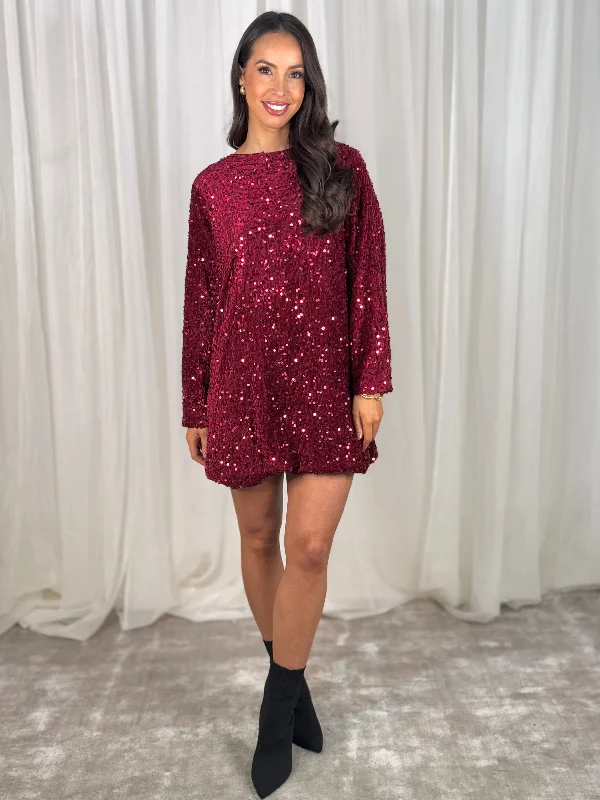Warehouse Sale Kendra Bow Detail Sequin Dress In Bordeaux