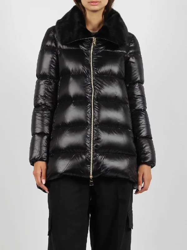 Herno A-Line Shiny Nylon Coat w/ Fur Collar