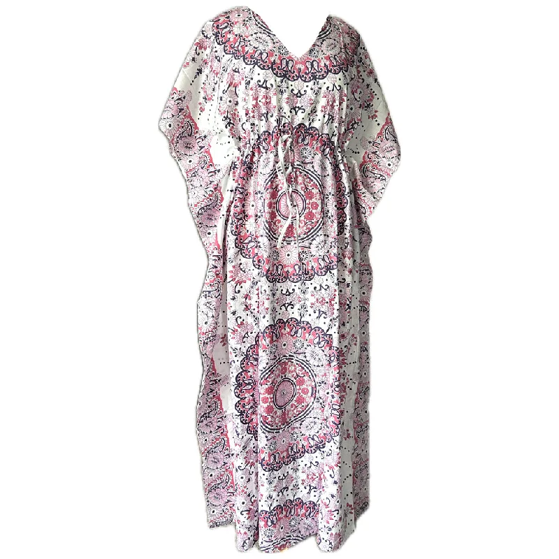 Weekend Flash Sale Pink and white cotton vintage 1970s drawstring waist mandala print kaftan