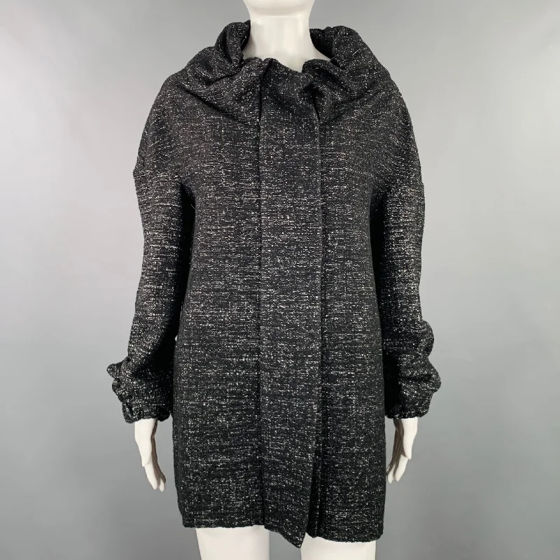 MARNI Size 8 Black White Wool Blend Woven Ruched Zip Up Coat