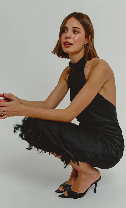 Today Only Black High Neck Feather Trim Dress