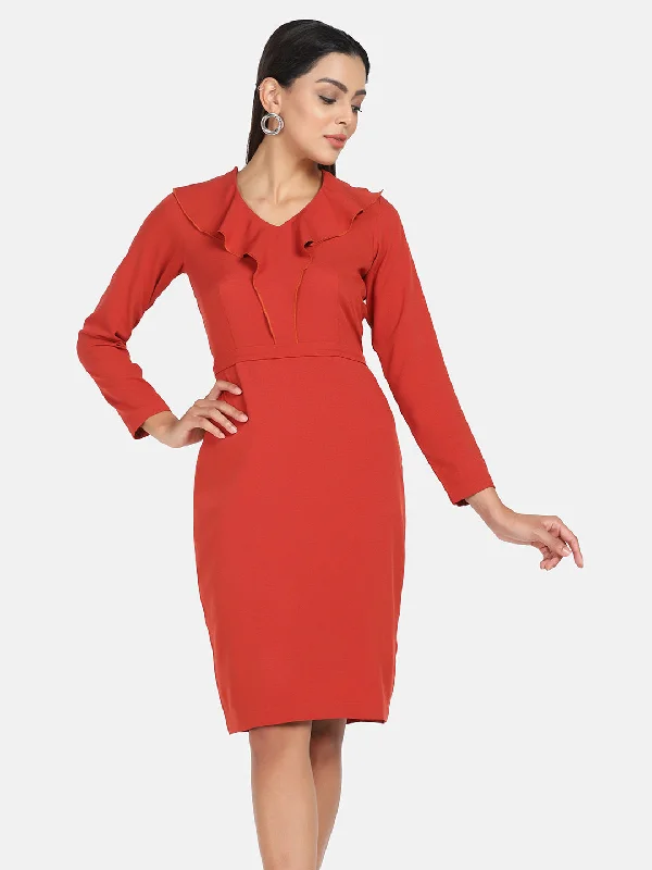 Price Drop Crepe Stretch Ruffle Dress - Orange
