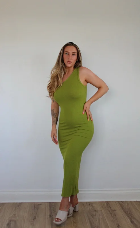 Mega Deal VERO MODA ONE SHOULDER 7/8 DRESS IN GREEN