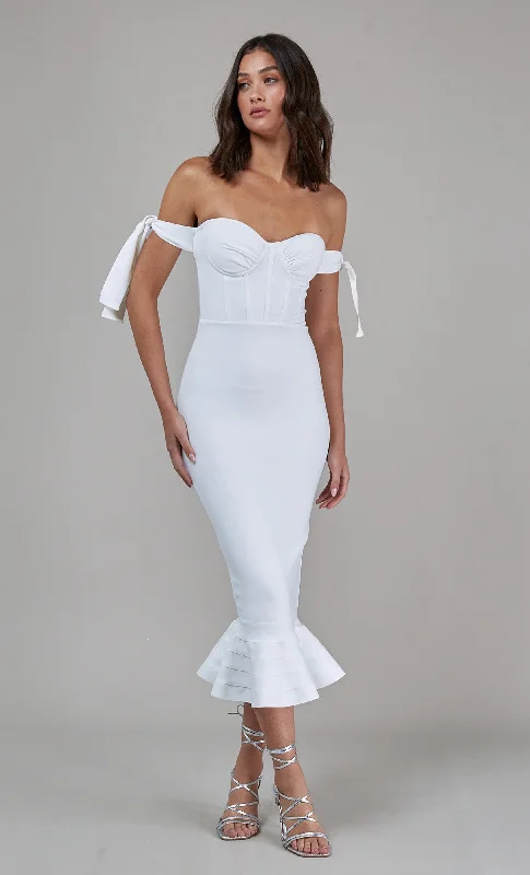 Limited Availability White Bandage Off Shoulder Midi Dress