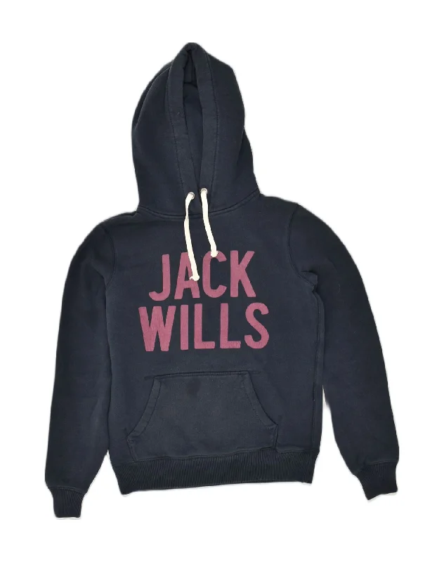 Deal Dash JACK WILLS Womens Graphic Hoodie Jumper UK 8 Small Navy Blue Cotton