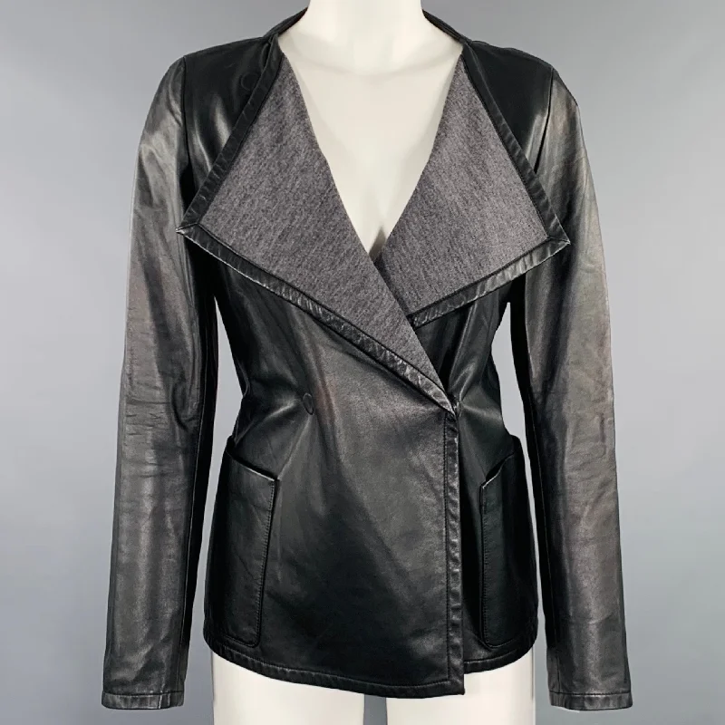 AKRIS Size 4 Black Wool Lambskin Leather Snaps Jacket