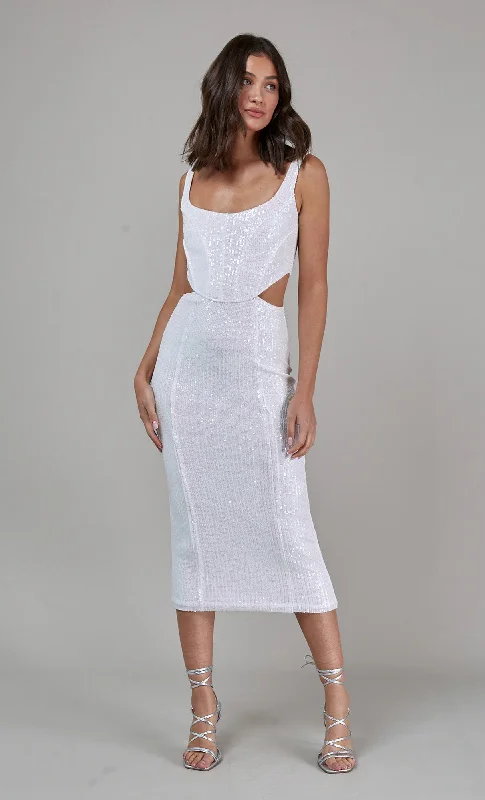 Exclusive Savings White Sequin Corset Cut Out Midi Dress