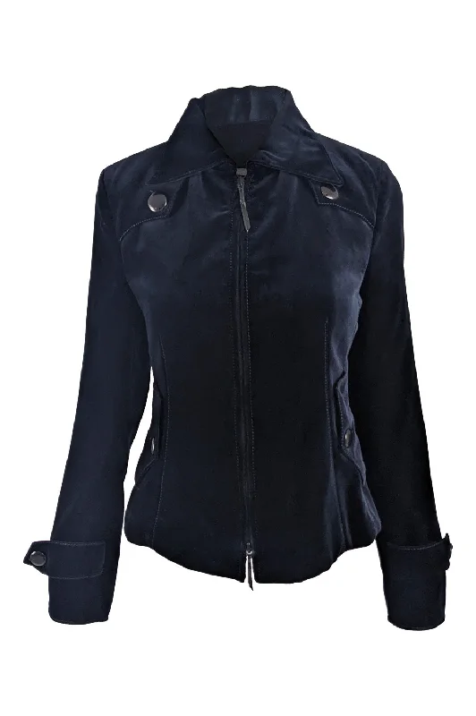 Major Savings Akris Vintage Womens Dark Blue Velvet Zip Front Jacket, 1990s