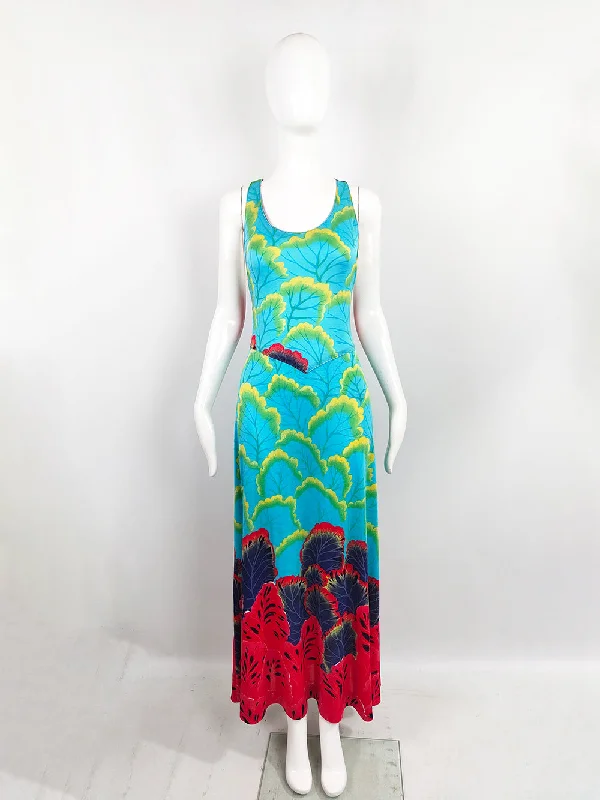 Huge Discounts 1970s Vintage Mac Tac Paris Turquoise Racer Back Jersey Maxi Dress