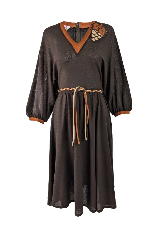 Final Sale Liza Peta Vintage Brown Crepe Cute Grape Appliqué Dress, 1970s