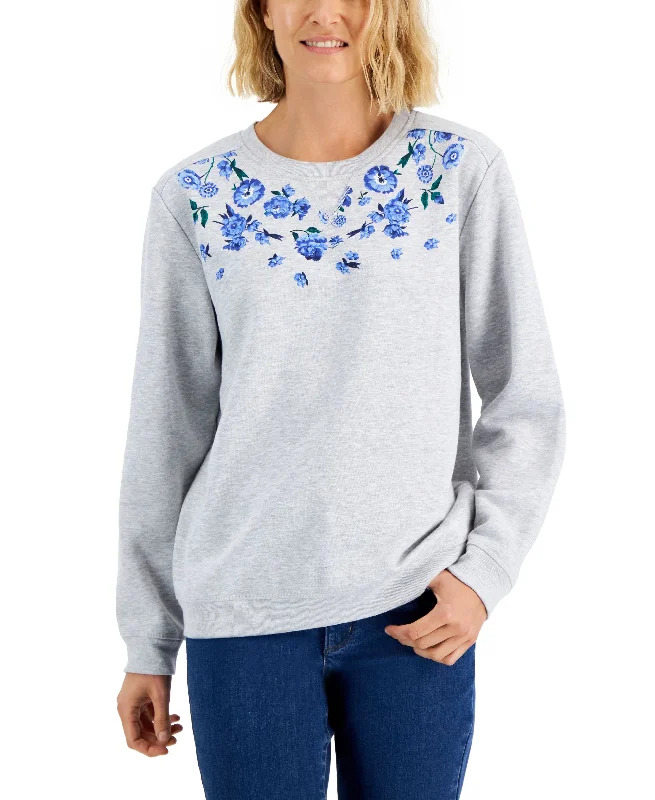 Price Drop Karen Scott Petite Floral Print Noel Fleece Sweatshirt