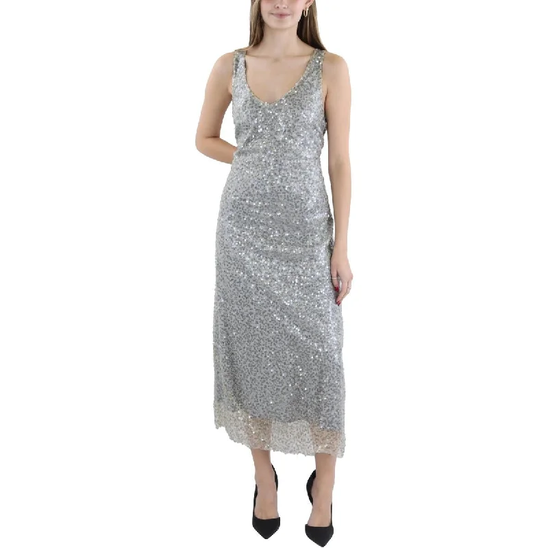 Vince Womens Lucite Sequined Metallic Evening Dress