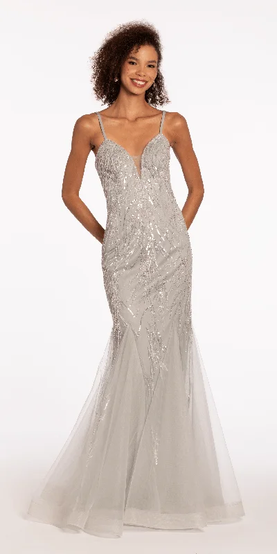 Mesh Branch Sequin Plunging Trumpet Dress