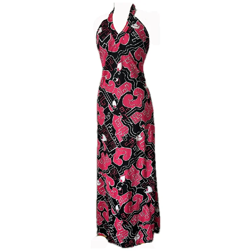 Factory Direct Sale Hot pink and black vintage 1970s halterneck maxi dress