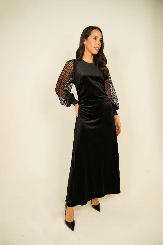 Discount Mania Eva Mesh Sleeve Velvet Dress In Black
