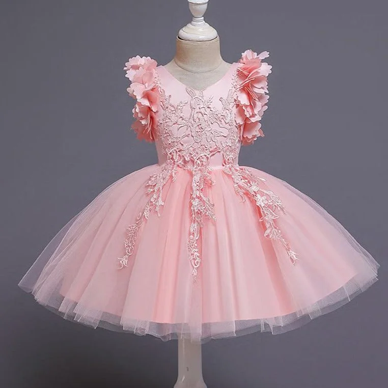 Midnight Madness Girls Pageant Princess Dresses Baby Girl Summer Petal Sleeve Embroidered Mesh Fluffy Prom Dress