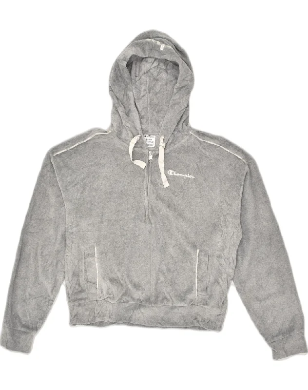 Deal Dash CHAMPION Womens Velour Hoodie Jumper UK 16 Large Grey Cotton